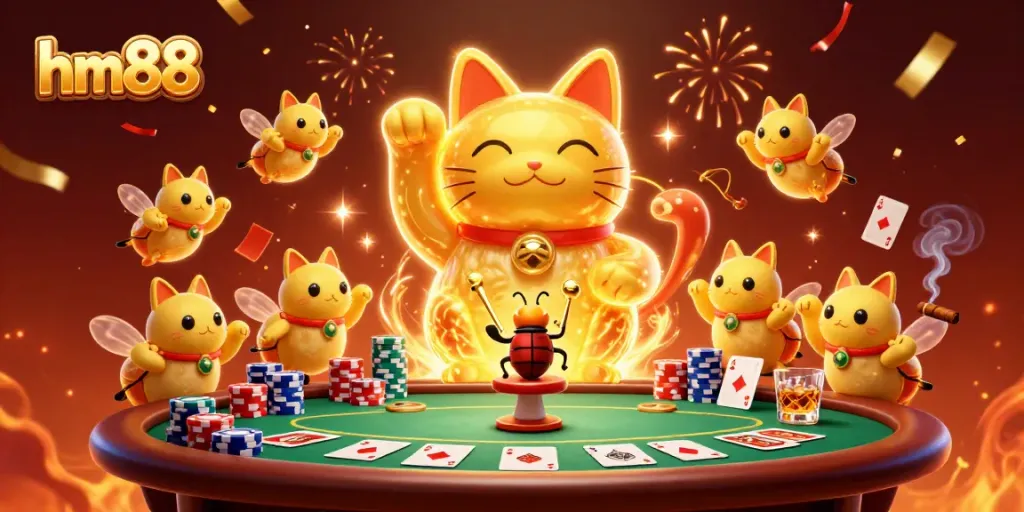 Experience the vibrant casino atmosphere at hm88 with a lucky cat illustration and poker elements.