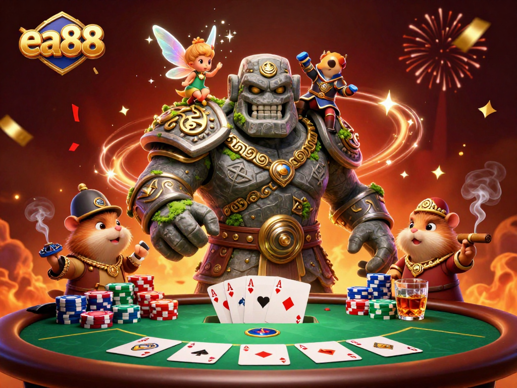 ea88 engages players with vibrant casino action, featuring classic poker elements and charming characters.