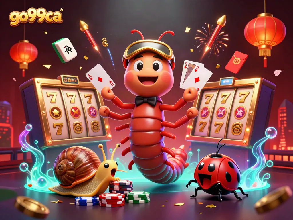 Join the excitement at go99ca as a lively cartoon dealer showcases spectacular cards amidst vibrant slot elements and festive decorations.