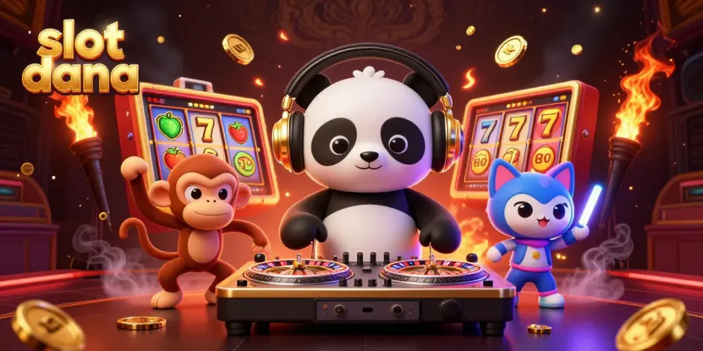 Engage with slot dana as a cartoon DJ panda spins reels surrounded by vibrant characters and game elements