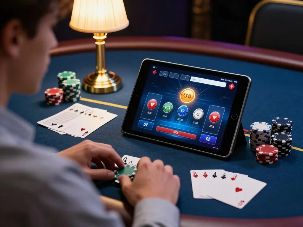 SIN88 player strategizing poker moves on tablet with chips and notes in cozy home setting.