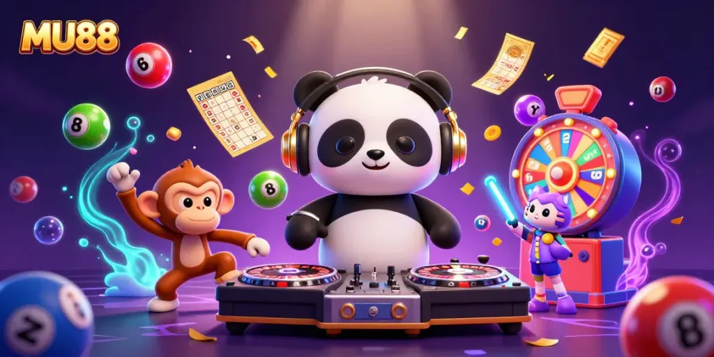 Engage with MU88's vibrant online gaming scene featuring colorful characters and dynamic elements.