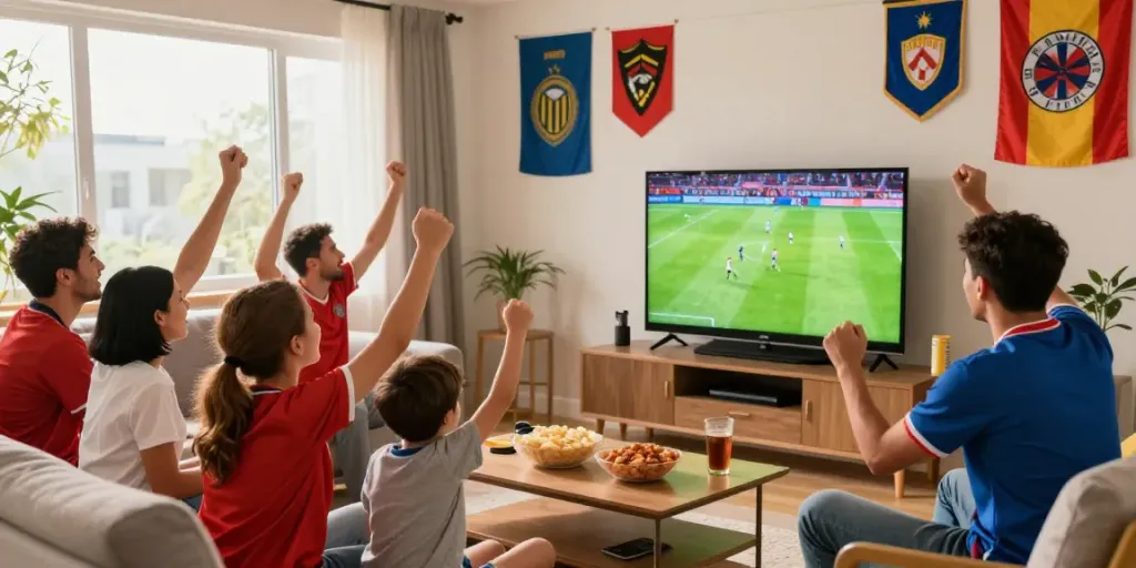 Socolive soccer fans enjoying a live match in a vibrant living room.