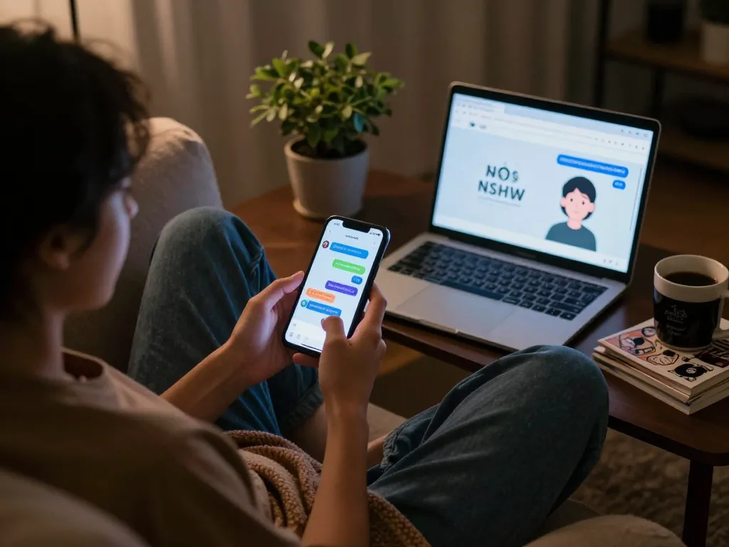 Cozy setting with a person exploring nsfw chat ai on smartphone, emphasizing relaxed atmosphere and digital interaction.