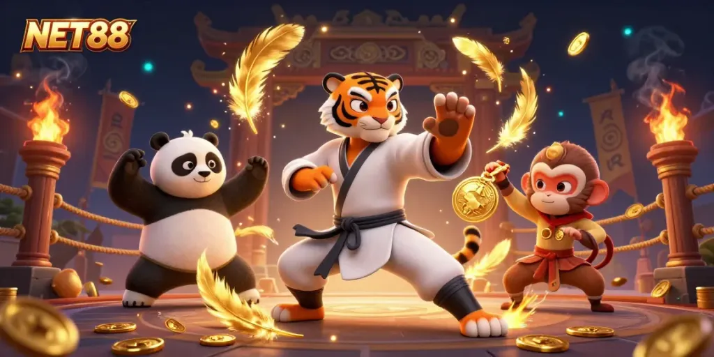 Capture the excitement of NET88's vibrant gaming scene with dynamic characters and action-packed elements.