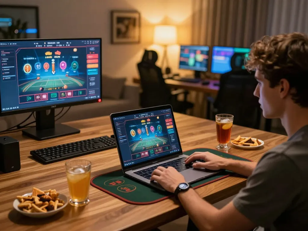 Kèo nhà cái featured on a dynamic home gaming setup, showing live dealer interaction.