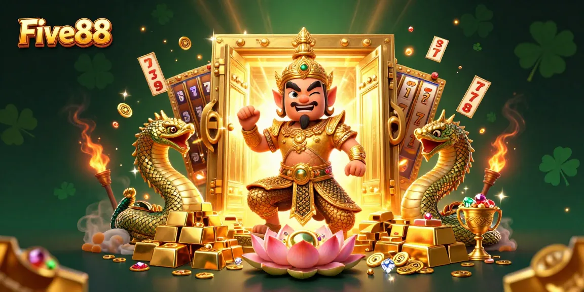 Experience exciting wins with Five88 through dynamic 3D casino illustration showcasing slots and treasures.