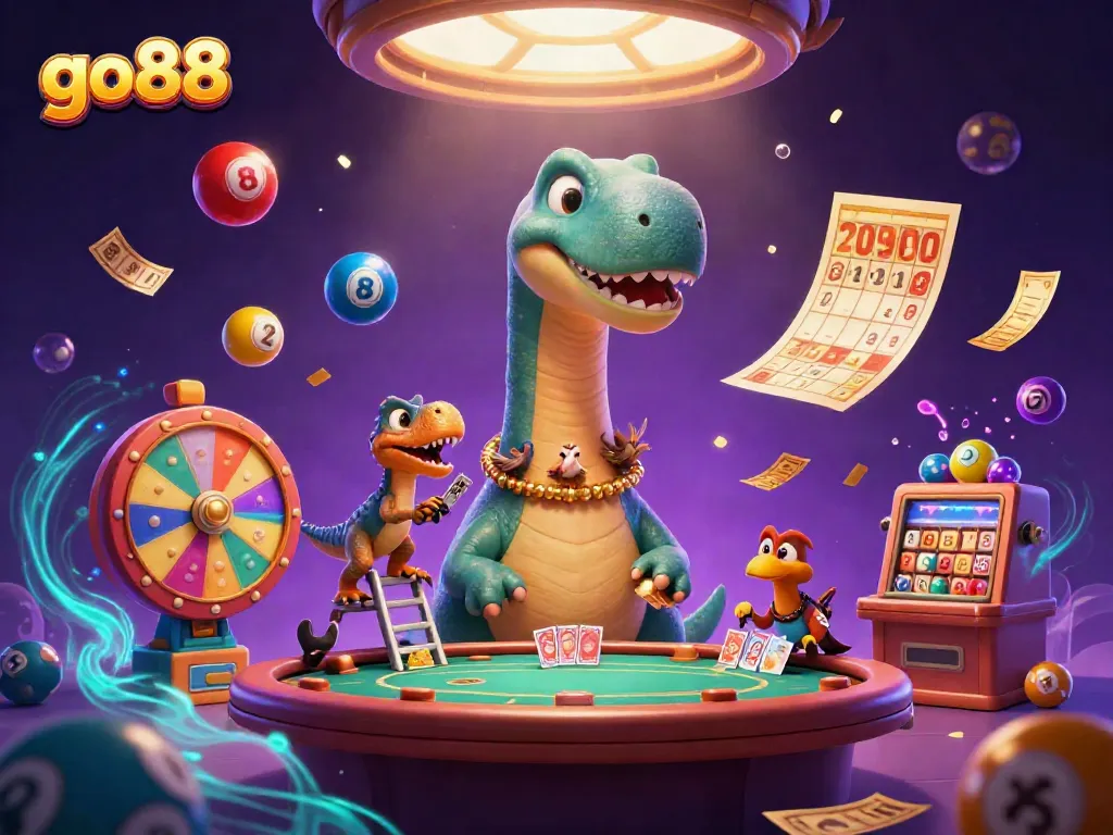 Experience excitement at go88 with a lively scene of cartoon dinosaurs in a casino setting.