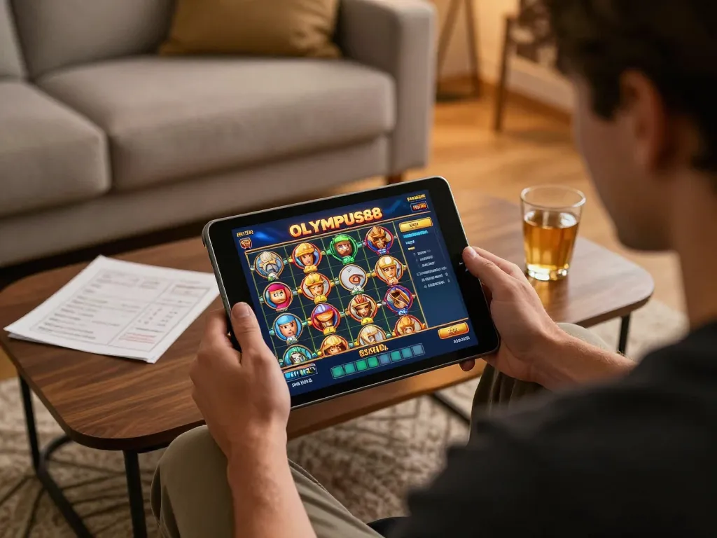 Player enjoying OLYMPUS88 slot on tablet in warm living room atmosphere, showcasing online gambling experience.