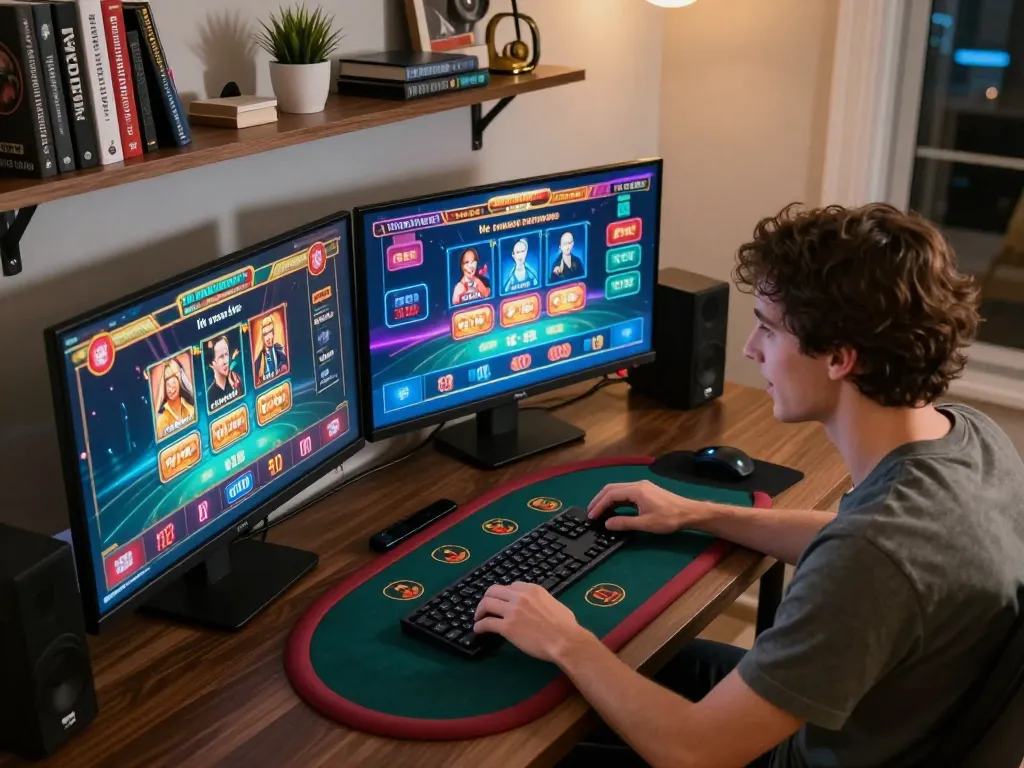 Engaged player at lu88 com enjoying interactive online casino games on multiple screens in a sleek home setup.