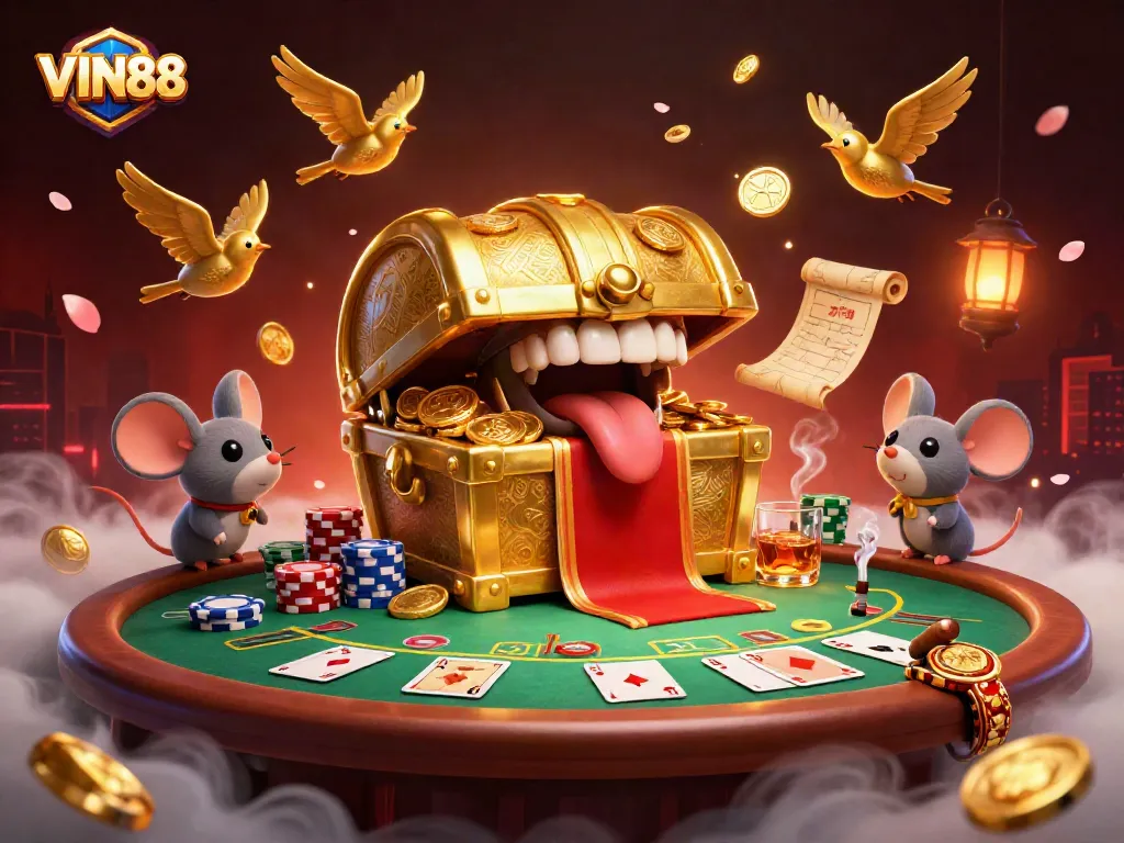 Engage with VIN88 at an exciting poker table filled with vibrant game elements and treasure.