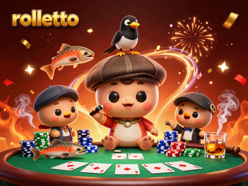 Engage with rolletto's vibrant casino scene featuring playful characters amidst poker excitement.