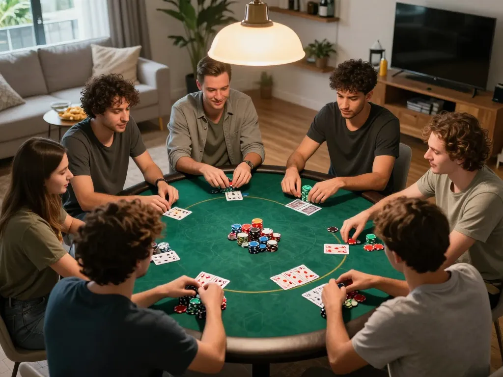 Players enjoying a game of Texas Hold'em at home with friends, showcasing open888 excitement and social bonding.