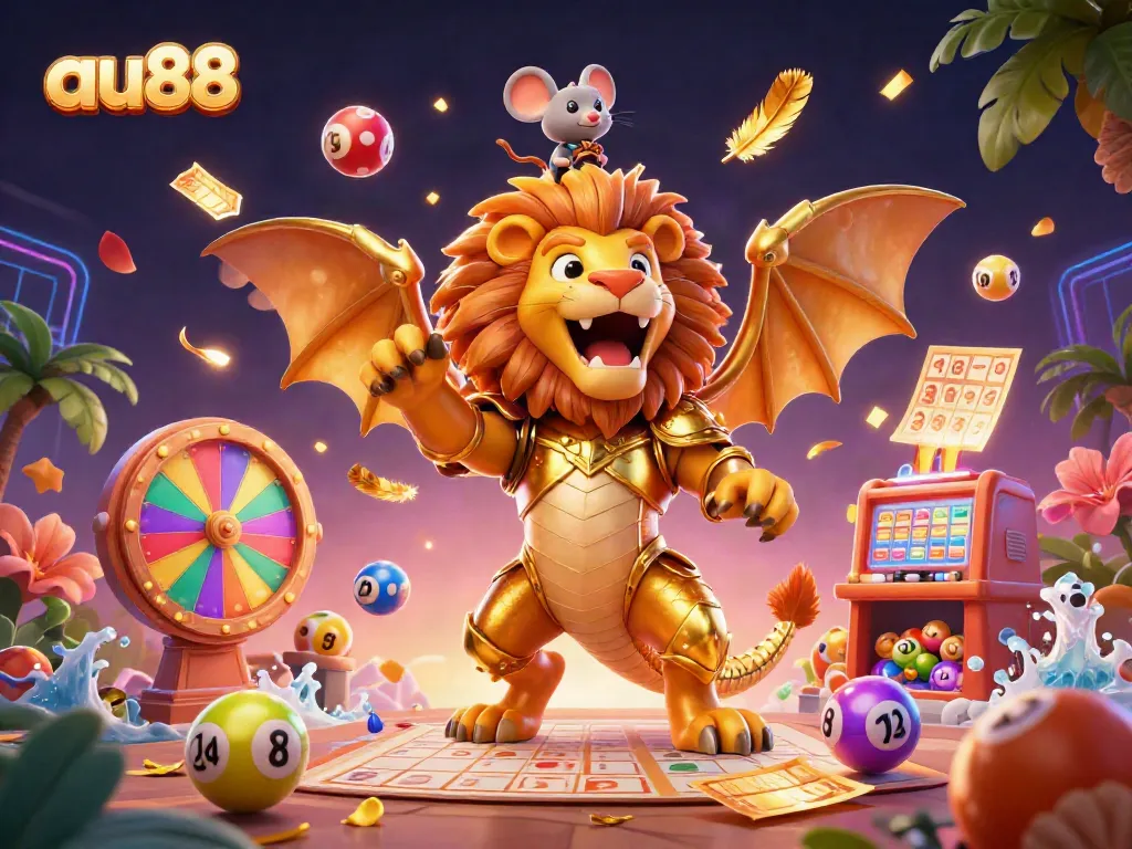 Experience the thrill of winning with au88's vibrant gaming scene featuring a roaring chimera and lottery balls.