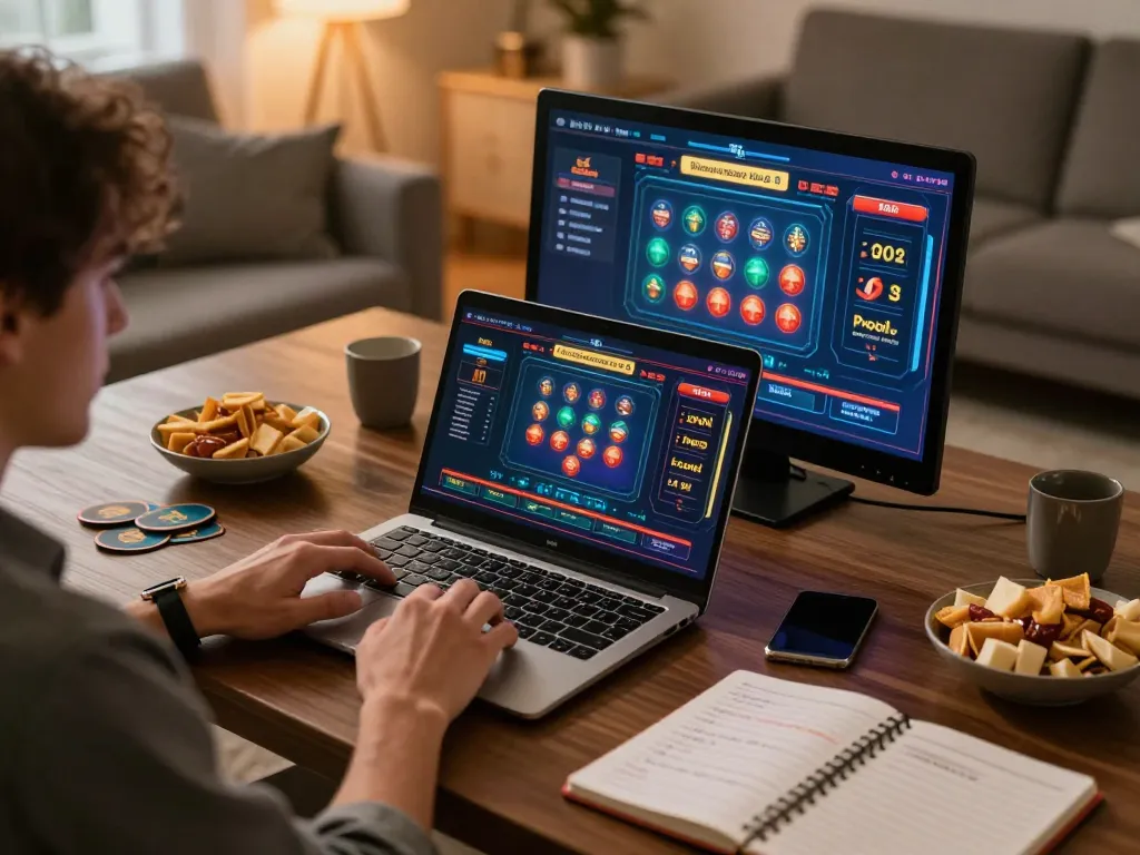 Person engaging in online casino gaming with 888vnd on their laptop in a cozy setting