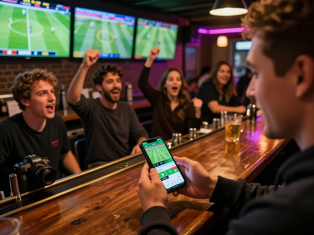Soi kèo with excitement as a person places bets on live matches in a vibrant sports bar setting.