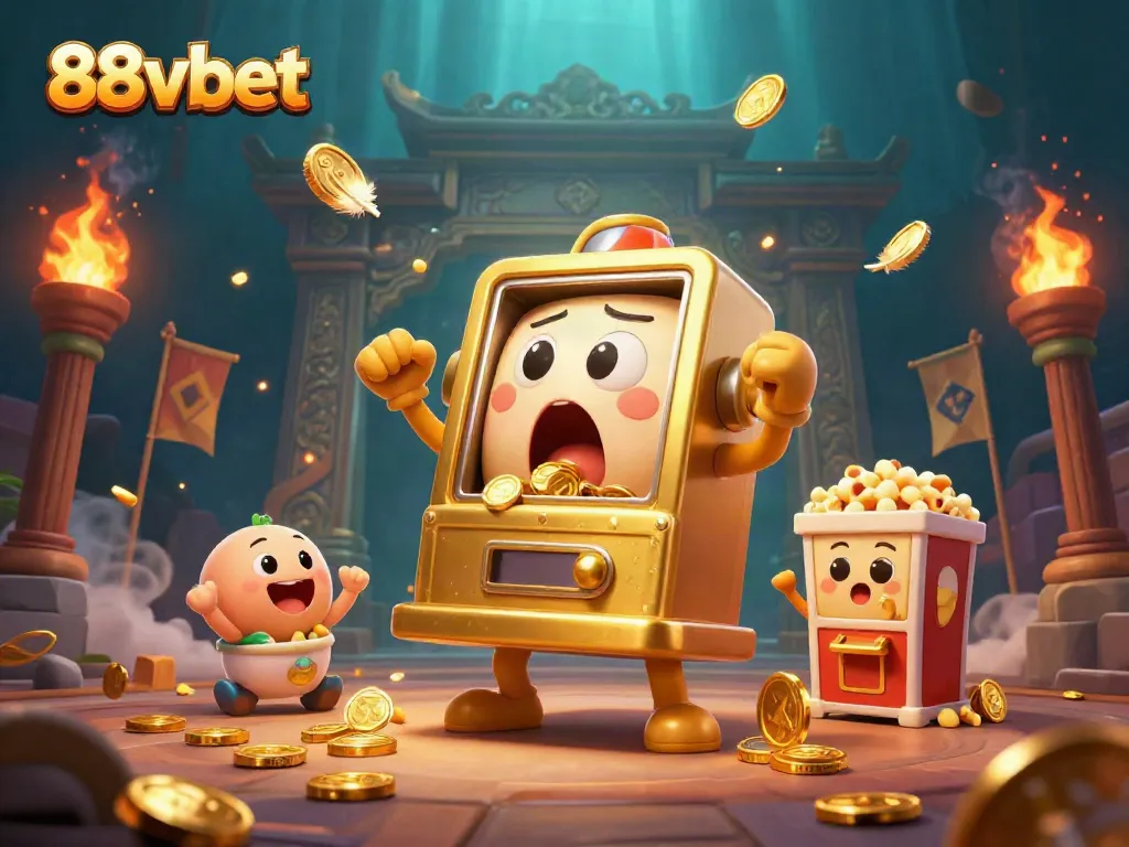 88vbet slot machine triumphantly hits the jackpot as coins spill, surrounded by festive elements.