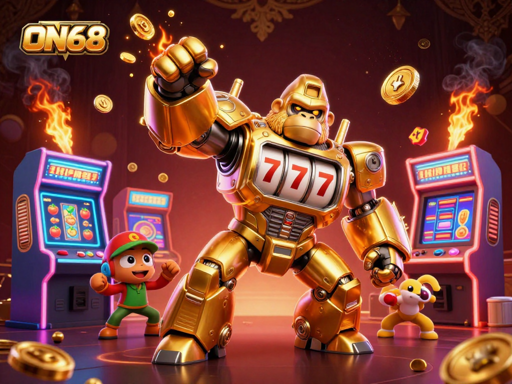 Experience the excitement of ON68 with a 3D golden gorilla mech surrounded by lively casino elements.