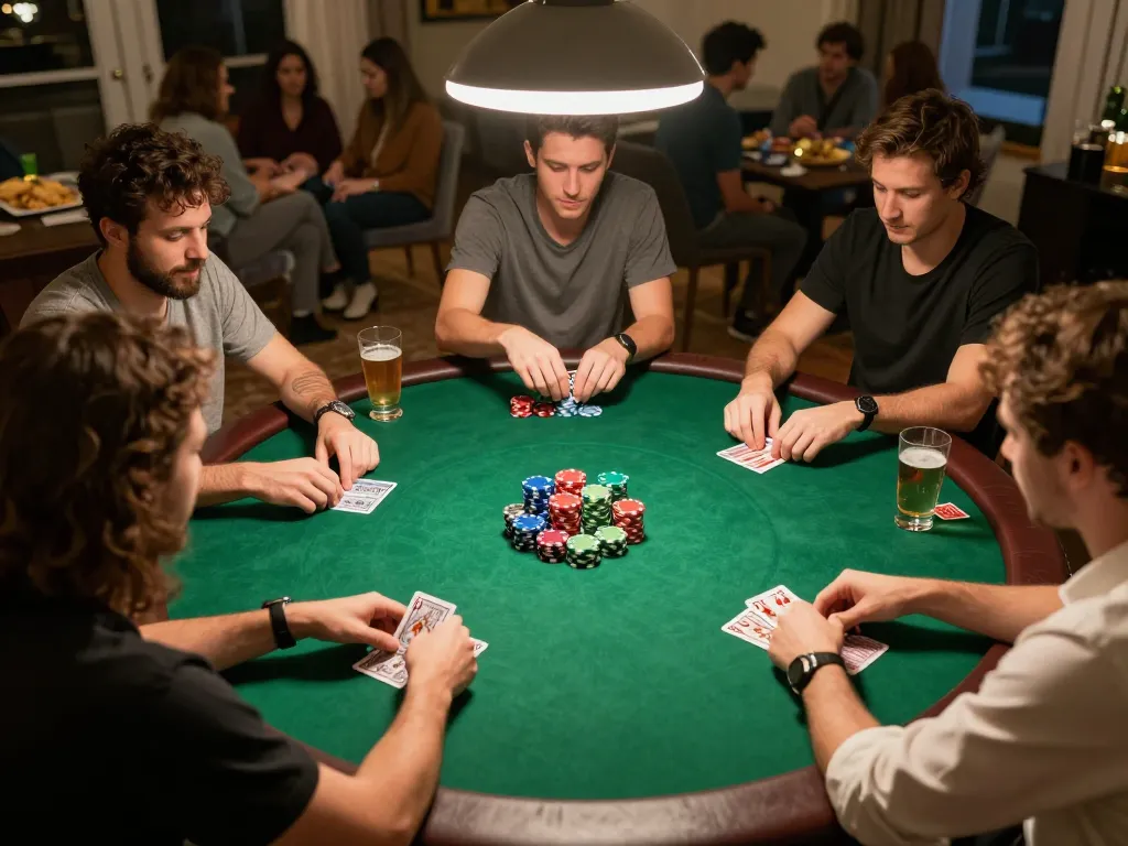 tg8 players enjoying a lively poker game with chips and cards in a cozy home setting