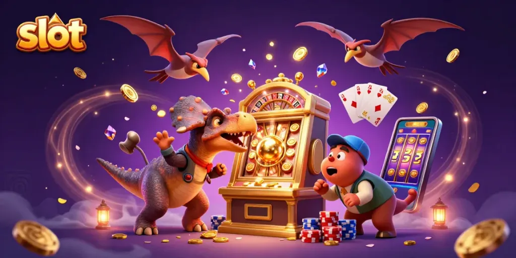 Experience the thrill of slot games with a vibrant scene of a dinosaur hitting a jackpot.