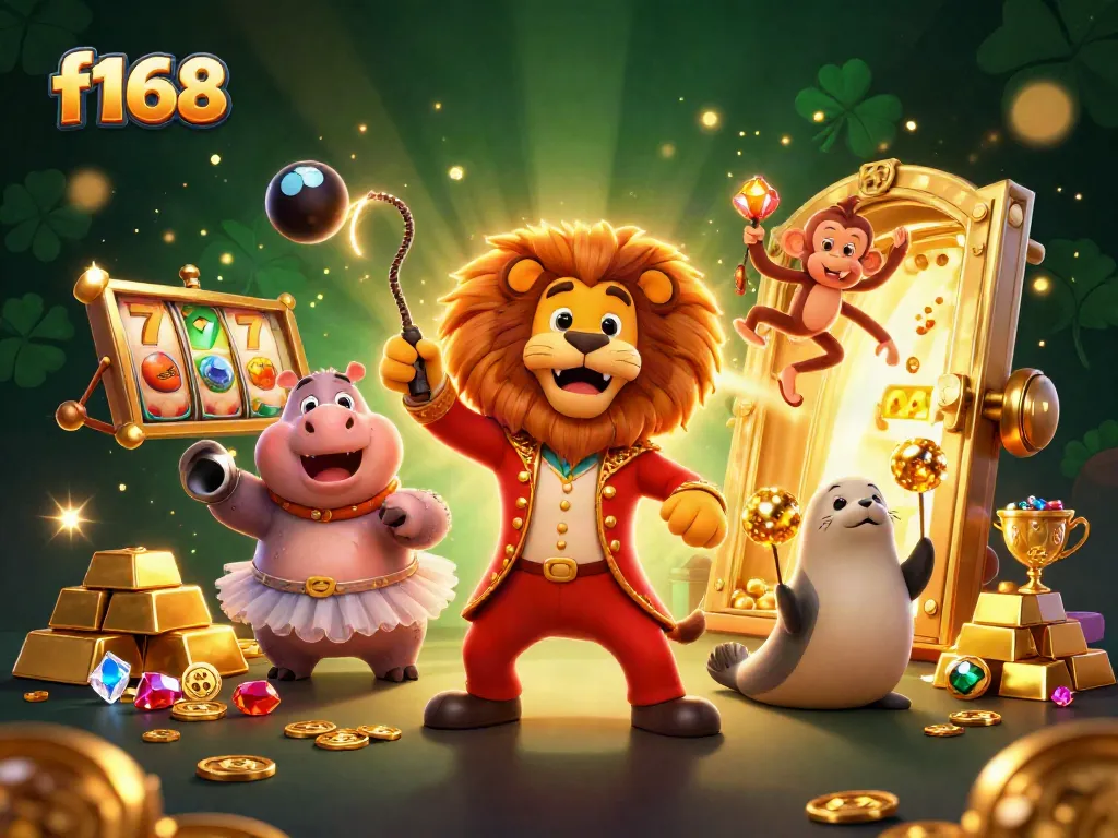 Experience thrilling gameplay with f168's dynamic casino illustration featuring colorful characters and rich game elements.