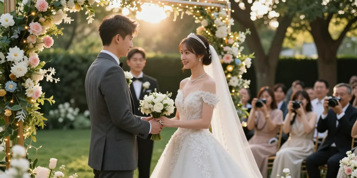 Luxury wedding rings showcased during an outdoor wedding ceremony with a couple exchanging vows.