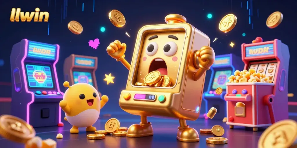llwin slot machine celebrating a jackpot with coins pouring out, surrounded by cheerful arcade elements