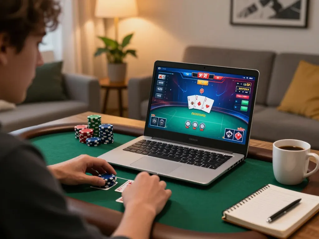 SUNWIN player enjoying a thrilling poker game on a laptop in a cozy home setting.
