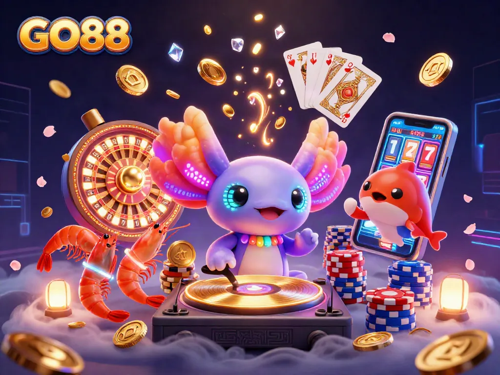Experience the thrill of GO88 with vibrant casino elements and dynamic characters in a lively scene.