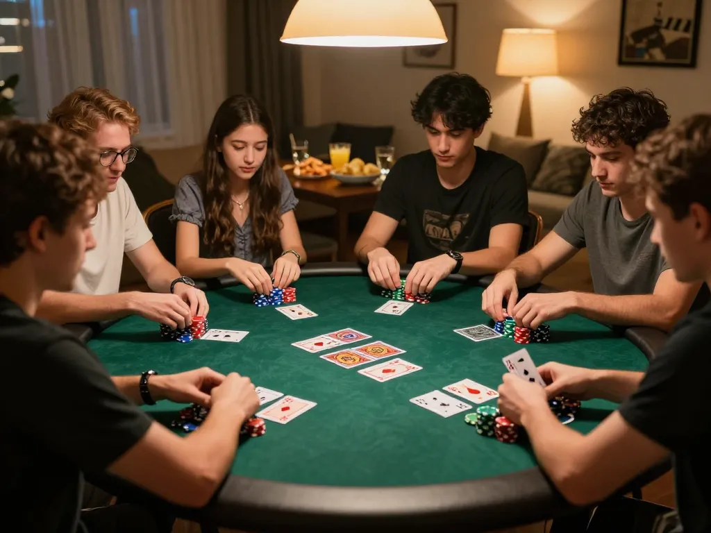Players engaging in a thrilling home poker night featuring BL555 poker chips and community cards displayed.