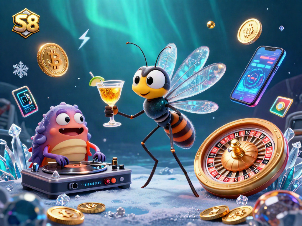 Spin the golden roulette wheel with S8, featuring a fossil DJ and vibrant crypto elements.