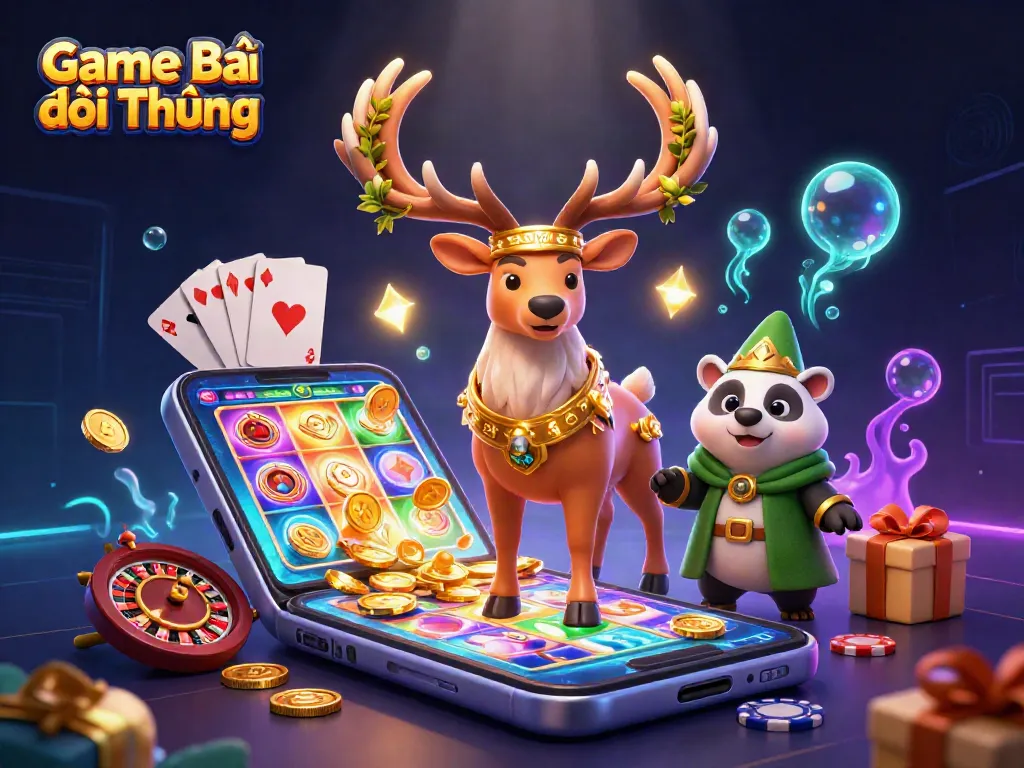 Experience the thrill of Game Bài Đổi Thưởng with magical characters and vibrant gaming elements.