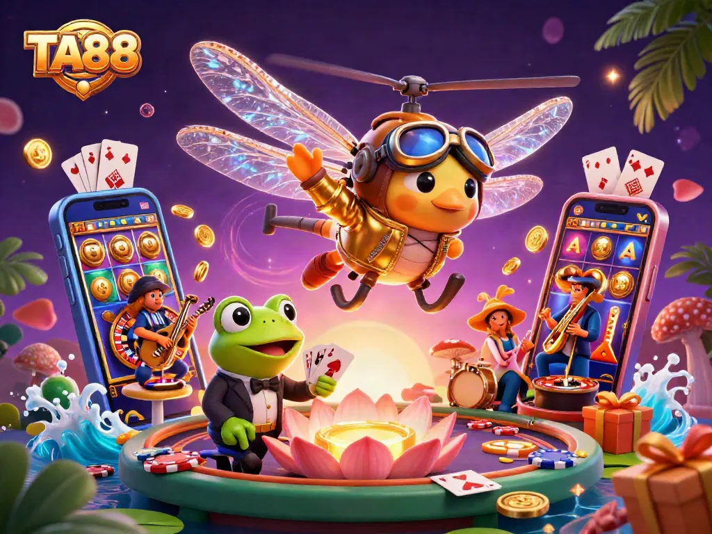 TA88 casino illustration with a dragonfly pilot and frog dealer showcasing vibrant gaming elements.
