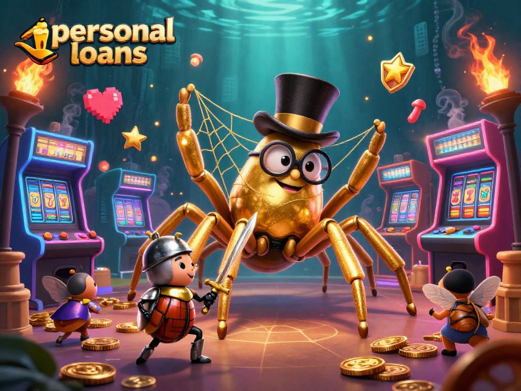 Engage in vibrant casino action with personal loans as a golden tarantula weaves its web among slot symbols.