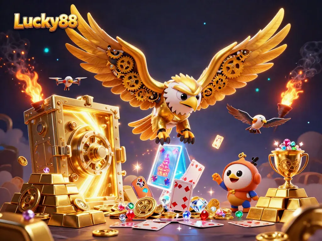 Engage with Lucky88 as a cybernetic eagle dives through holographic cards in a vibrant casino scene.