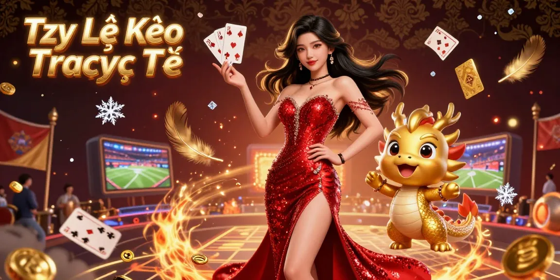 Experience Tỷ Lệ Kèo Trực Tiếp with a stunning sports betting scene featuring an elegant woman, a golden dragon, and floating cards.