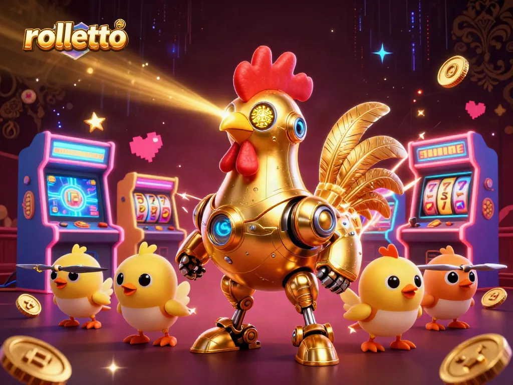 Engage with rolletto's vibrant 3D casino scene featuring playful robot and arcade elements.