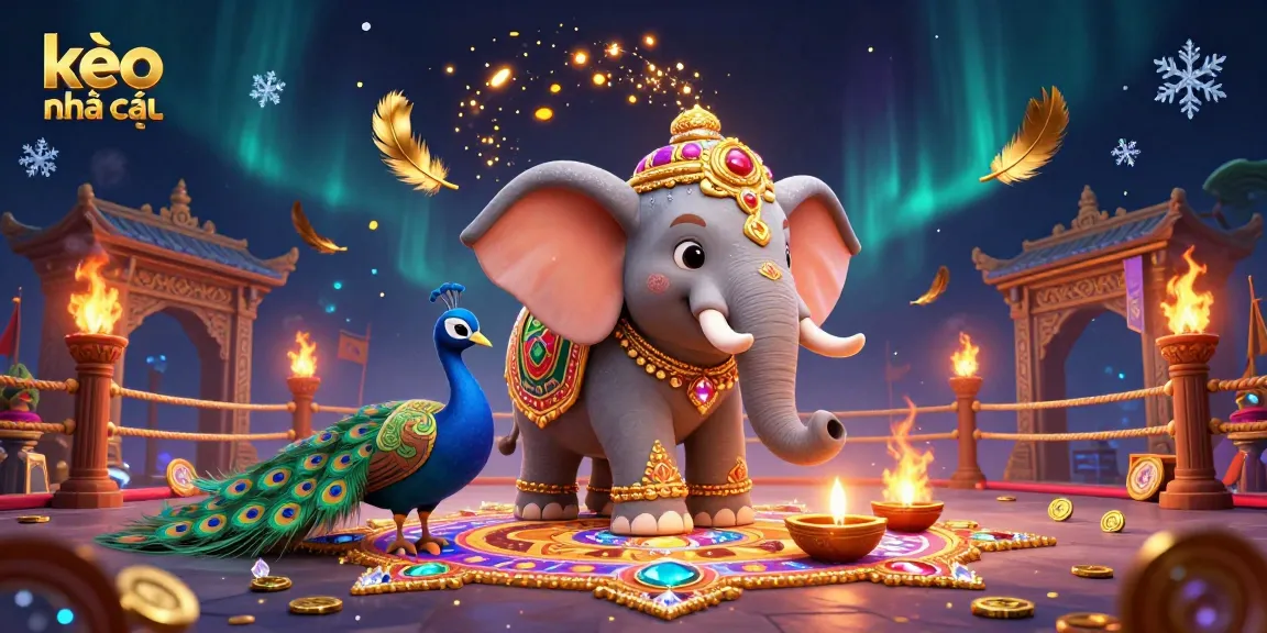Engage with kèo nhà cái in a dynamic casino scene featuring a vibrant elephant and peacock amidst gaming elements.
