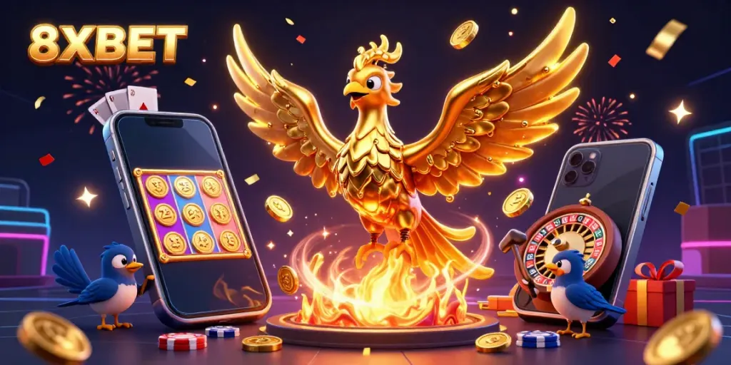 Experience the excitement of betting with 8XBET's vibrant casino scene featuring a golden phoenix.