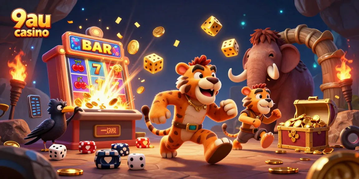 Unleash excitement at 9au casino with a prehistoric gaming scene featuring dynamic characters and rich elements.