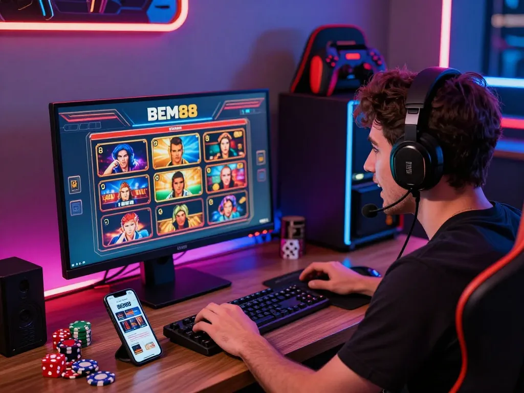 BEM88 online gaming setup with player enjoying casino games on a sleek monitor, vibrant gaming environment.