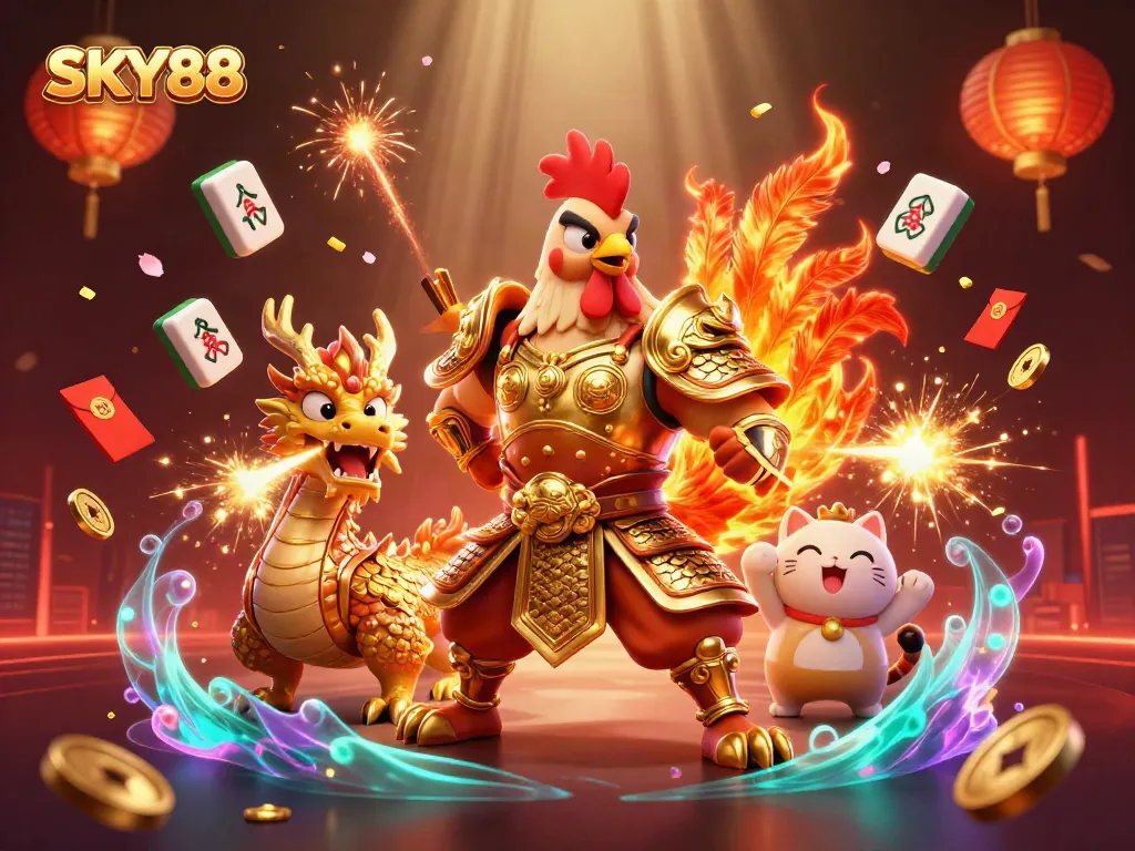 Experience the vibrant world of SKY88 with an action-packed gambling scene featuring engaging characters and festive elements.