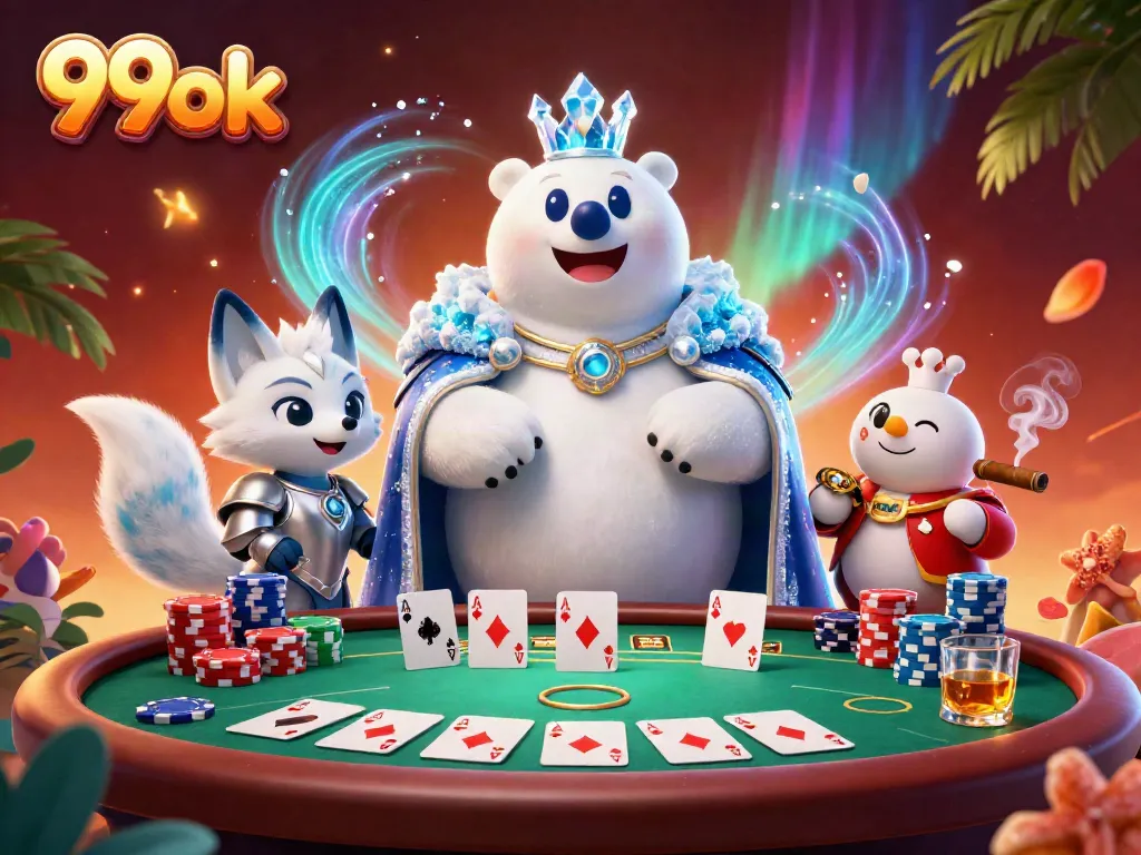 Engage in thrilling poker at 99ok with a cartoon ice king and fox battling for a royal flush.