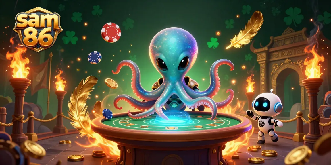 Experience thrilling gameplay at sam 86's holographic poker table, surrounded by cosmic elements.