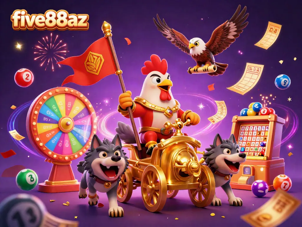 Experience the excitement of five88az with dynamic colorful lottery elements and a rooster warlord in a vibrant scene.