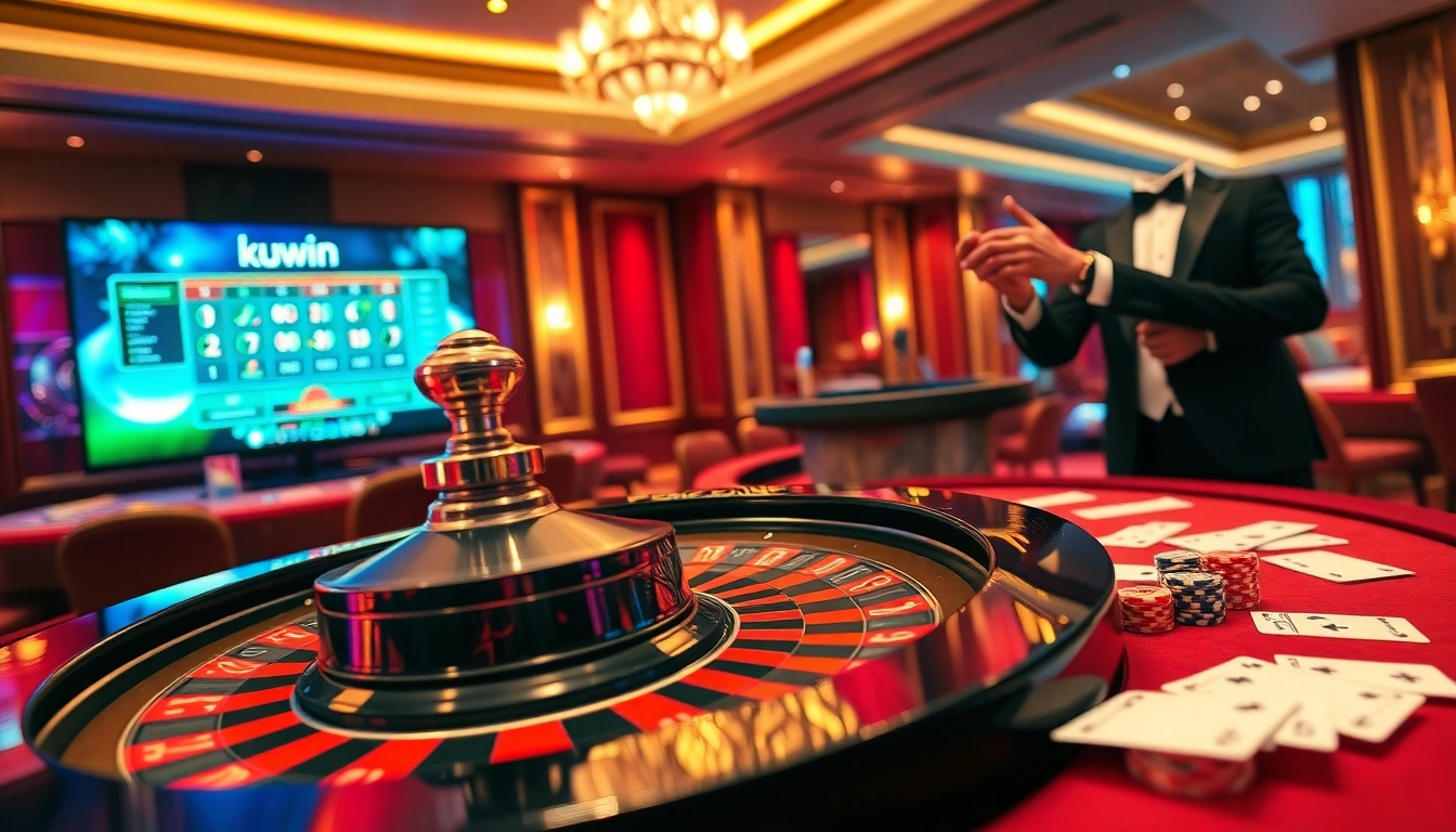 Kuwin casino scene showcasing a roulette wheel and poker chips in a luxurious setting