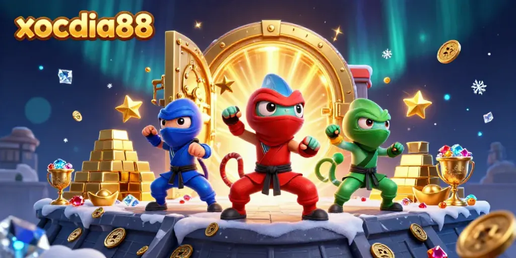Engage with xocdia88's thrilling casino adventures featuring dynamic ninja chameleons in a golden treasure scene.