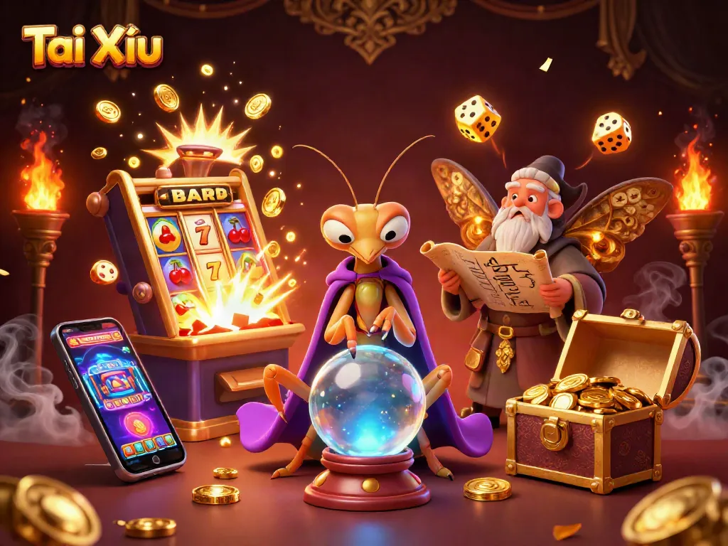 Tài Xỉu immersive gaming scene with a fortune teller, librarian, and dynamic casino elements.