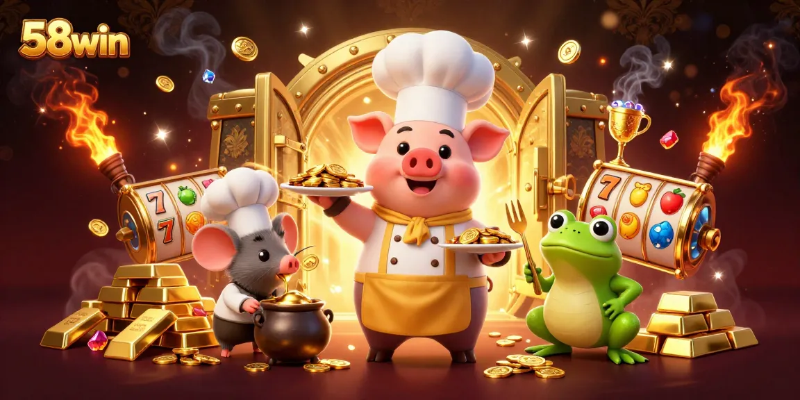 Engage with 58win's dazzling 3D casino scene, featuring vibrant slot symbols and golden treasures.