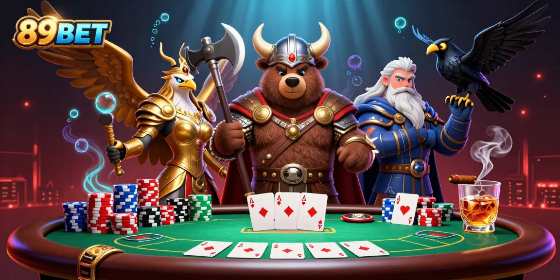 Experience the thrill of poker with 89BET, featuring dynamic characters and vibrant game elements.